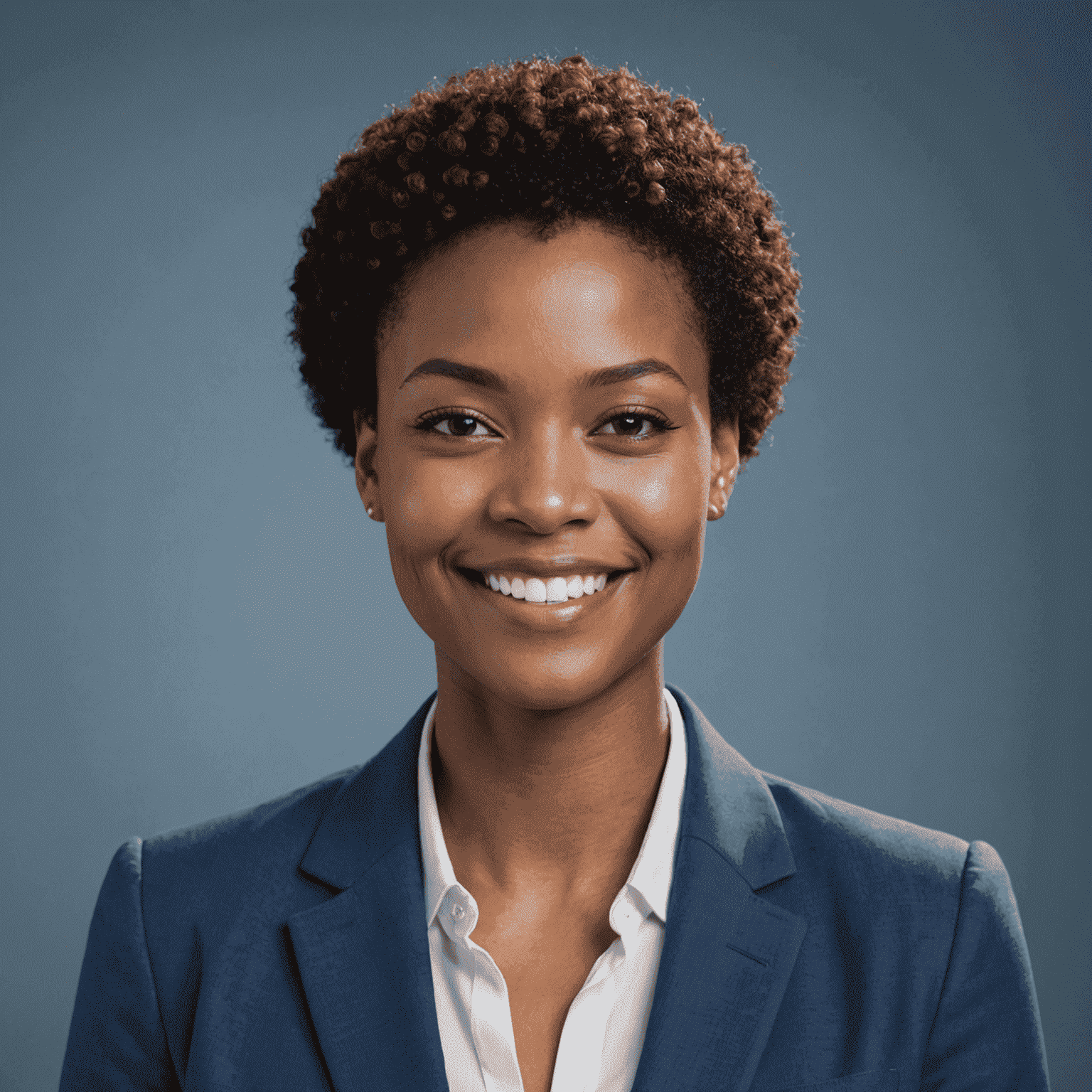 Portrait of Sarah Nkosi, a young Black woman with short hair, wearing a professional blue blazer, smiling confidently at the camera