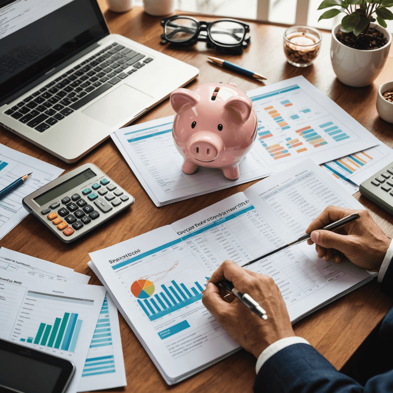 A collage showing a person working on a budget spreadsheet, investment charts, and a piggy bank representing savings. The image conveys the idea of smart financial planning and growth.