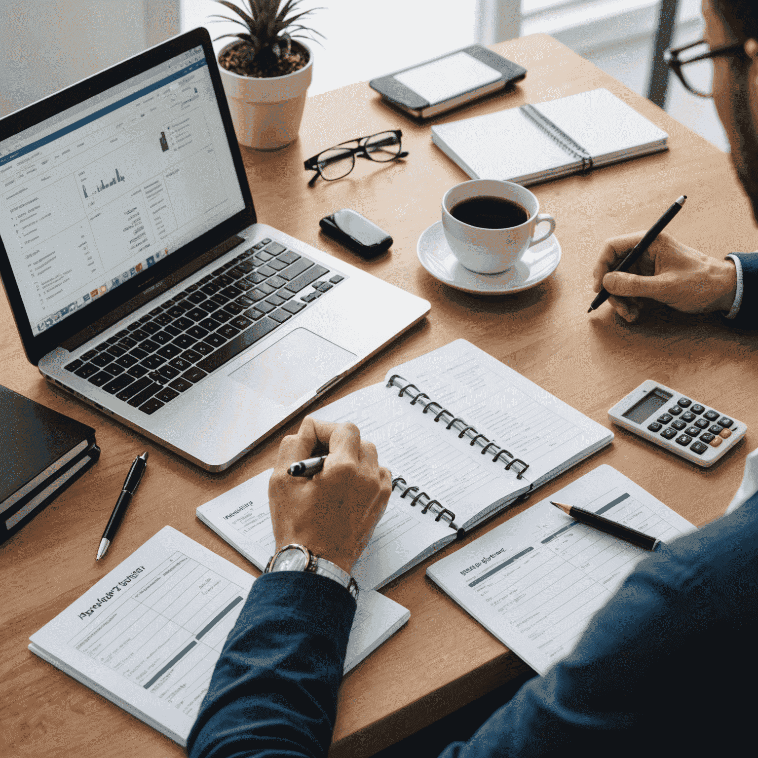 A person sitting at a desk with a laptop, calculator, and notepad, working on their budget. The image shows a mix of digital and traditional budgeting tools, emphasizing the accessibility of budgeting for beginners.