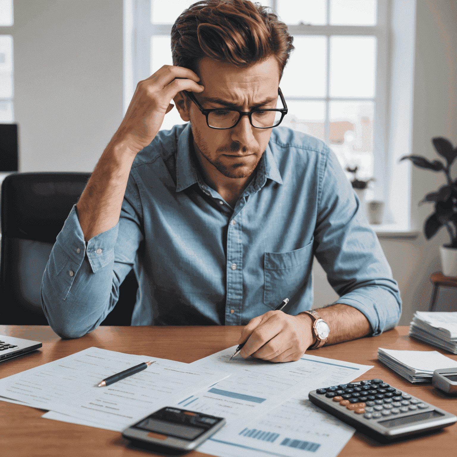 A frustrated person looking at financial documents and a calculator, symbolizing common budgeting mistakes