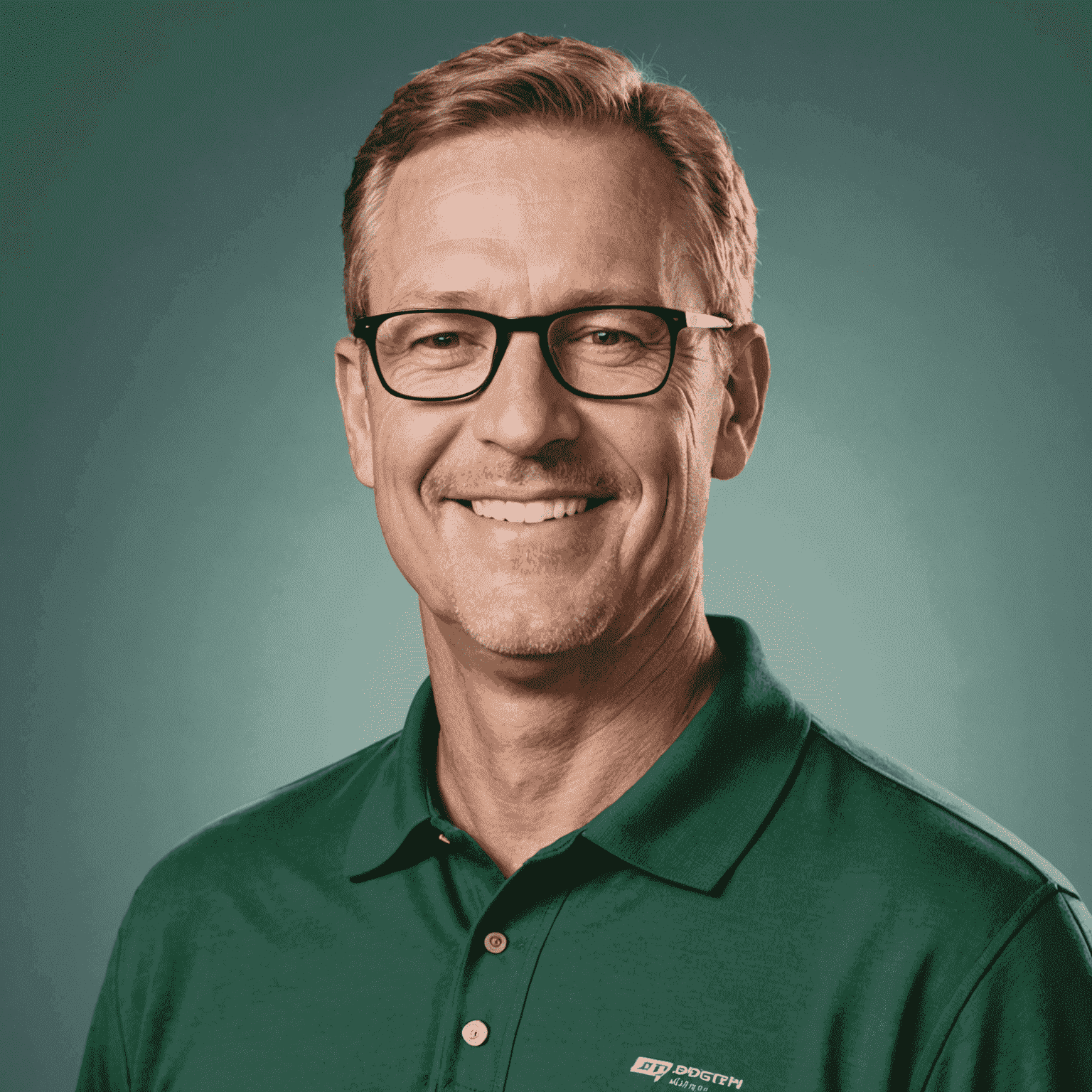 Portrait of Michael van der Merwe, a middle-aged White man with glasses and a friendly smile, wearing a green polo shirt