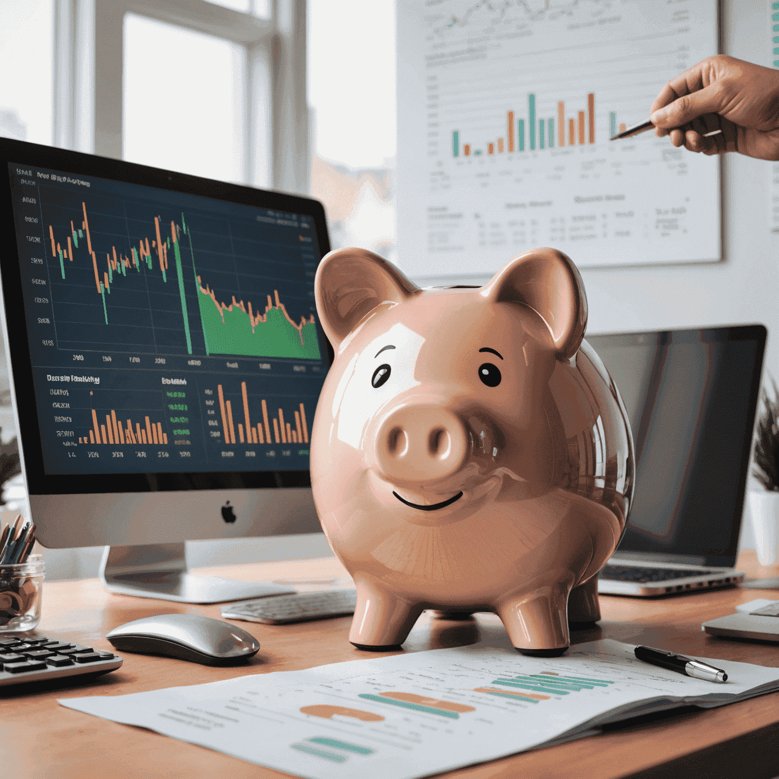 A person confidently managing their finances on a computer, surrounded by positive financial charts and a piggy bank, representing successful budgeting