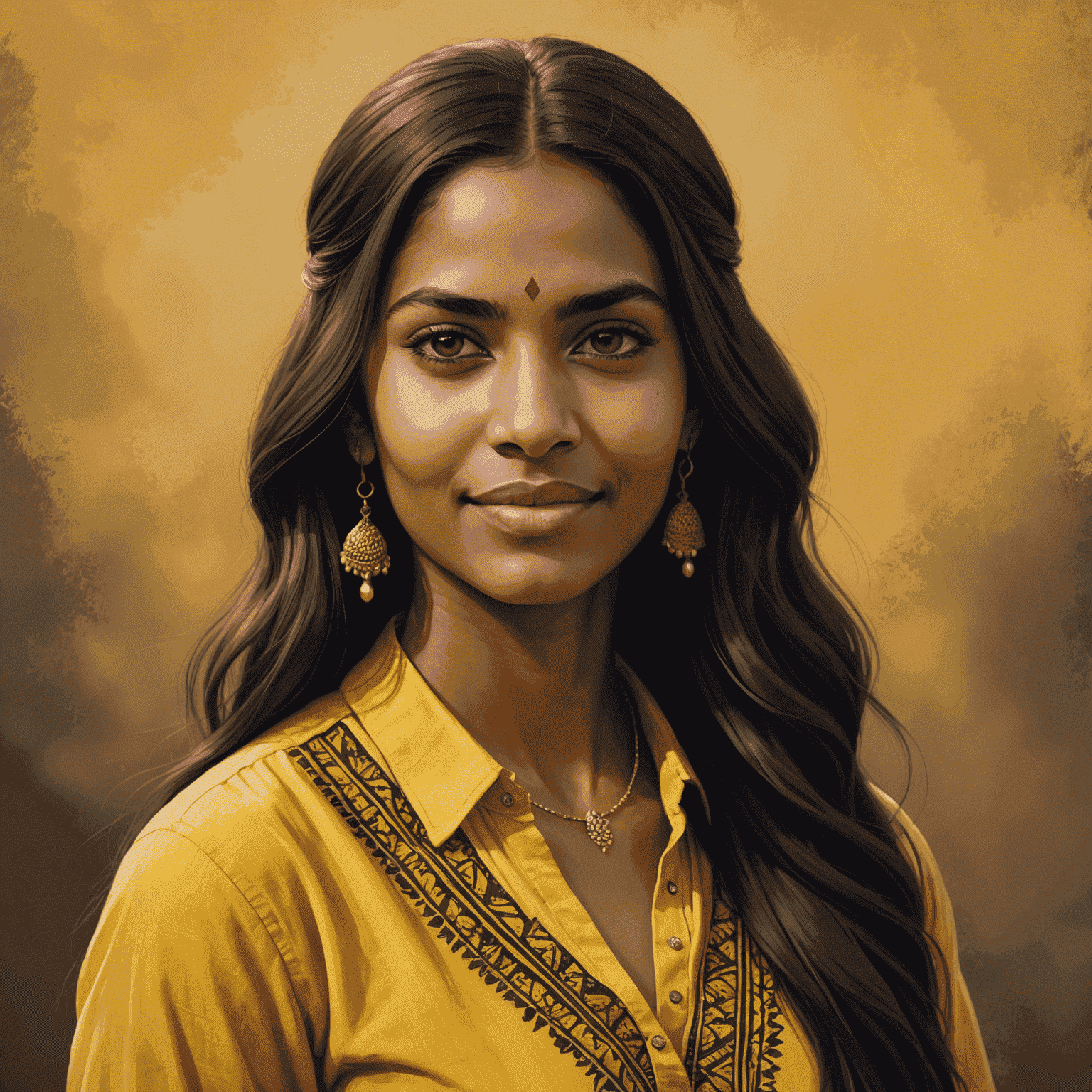 Portrait of Thandi Zulu, a young Indian woman with long dark hair, wearing a yellow blouse and a warm, welcoming expression